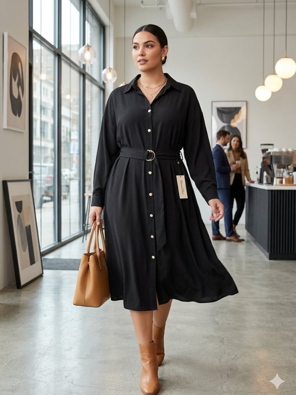Bloom Chic Women's  22-24 Black Button Down Kimono Sleeve Belted Collared Dress